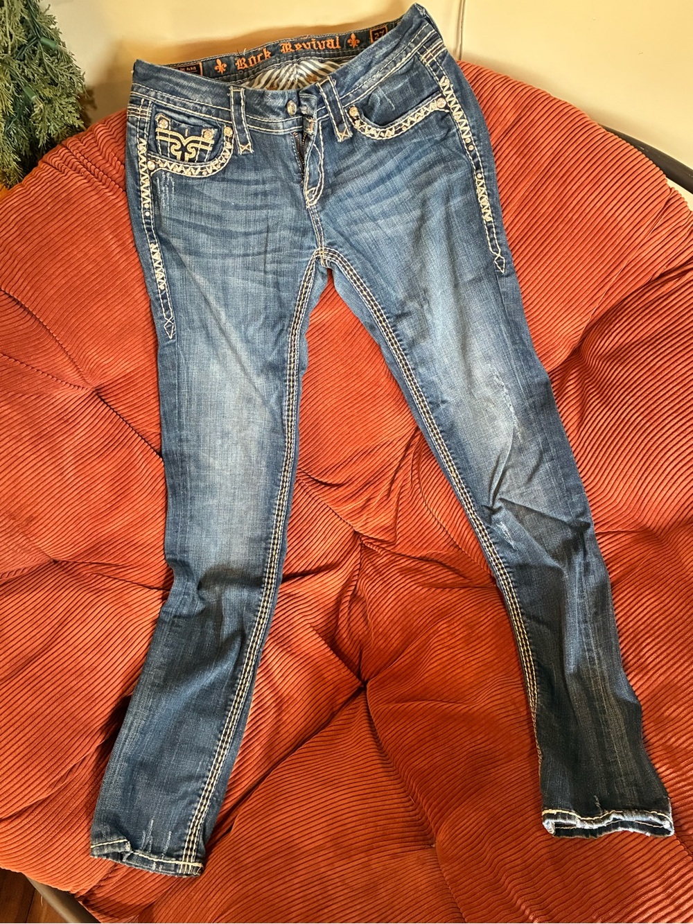 Rock Revival Distressed Blue Skinny Jeans with Contrast Stitching